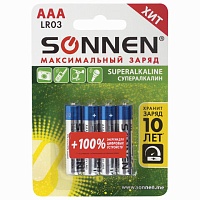 SONNEN Super Alkaline. Батарейки AAA (LR03, 24А), алкалиновые, мизинчиковые, 4шт/уп