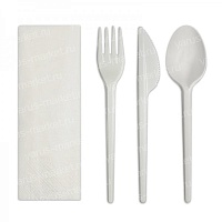 Комплект из трех столовых приборов (вилка, ложка, нож + салфетка), Белый