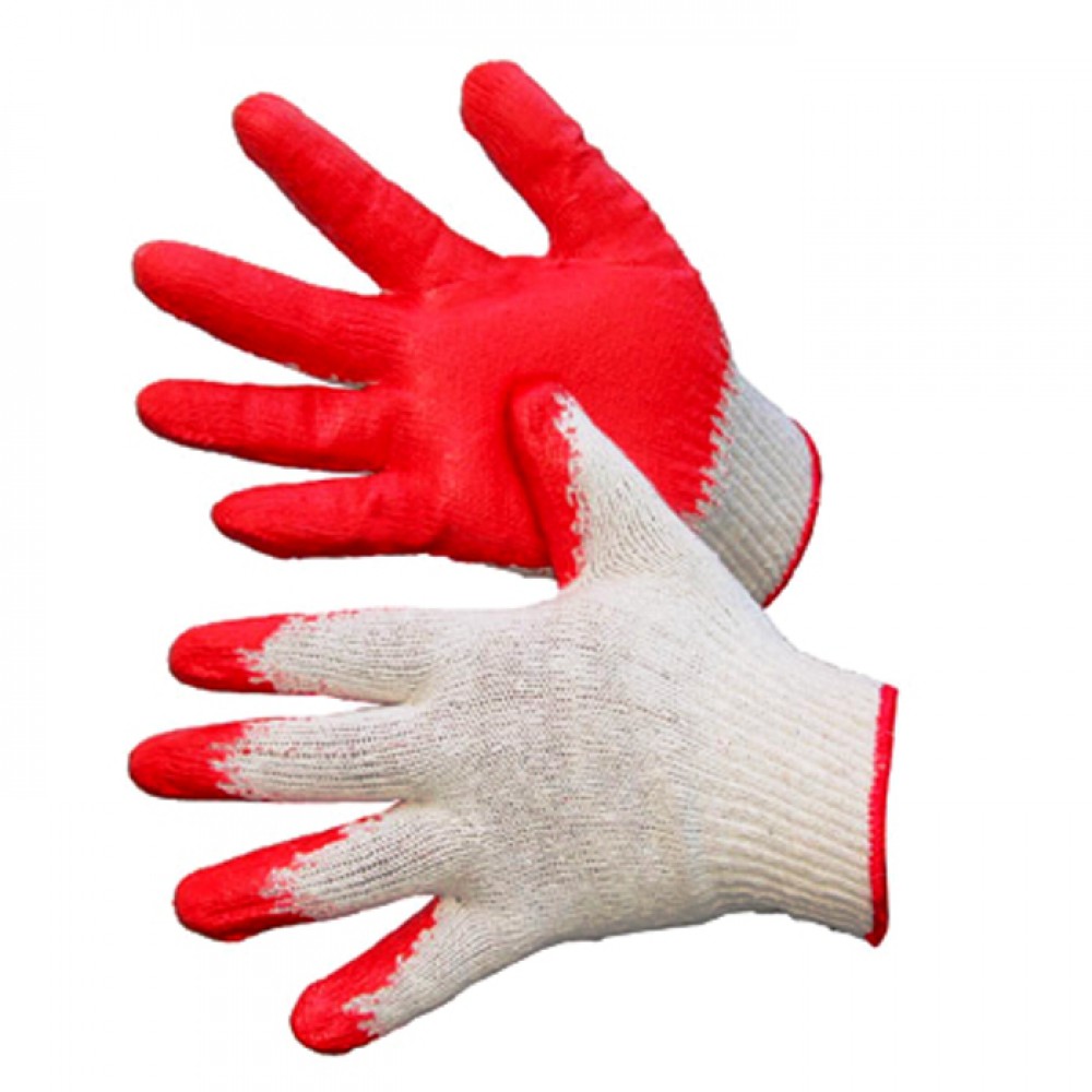 Перчатки ХБ с одинарным латексным покрытием (обливом), красные/зеленые, класс вязки 10-й, 300пар/уп