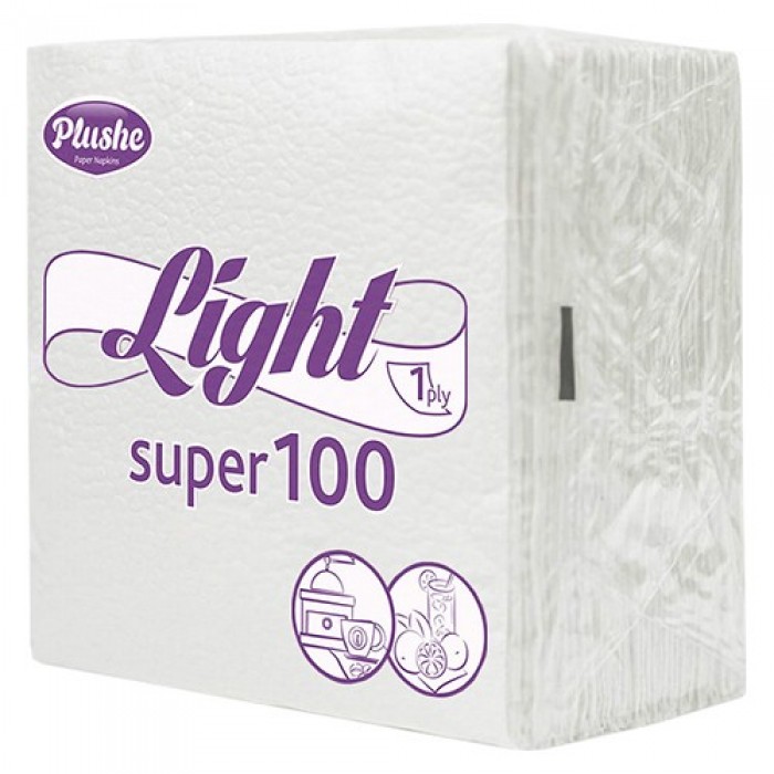 Салфетки Plushe "SUPER 100", 1 слой, 75 листов, 24*24, белые, 100% целлюлоза, 20пач/уп