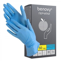 Перчатки нитриловые неопудренные Benovy размер L голубые текстурированные на пальцах 50пар/100шт