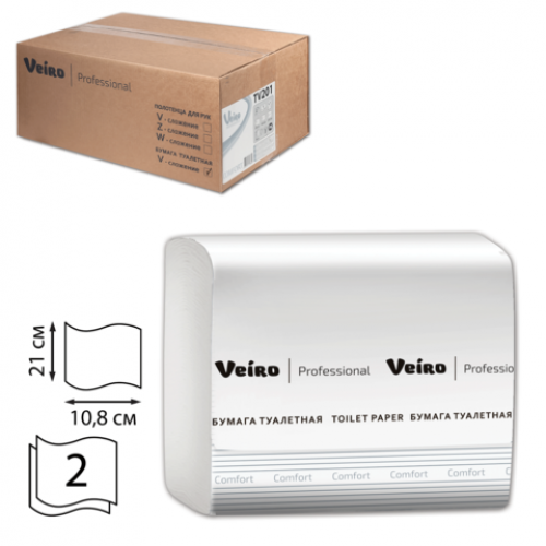 Туалетная бумага в листах Veiro Professional Comfort, Комбинированное сырье (2 сл/250 л в пач/30 пач в кор.)